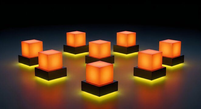 Glowing orange cubes on black bases with yellow light