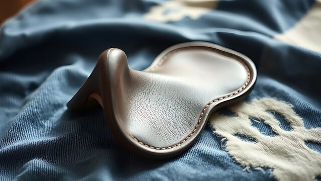 A solitary saddle cantle resting on worn denim fabric, symbolizing a journey's pause.