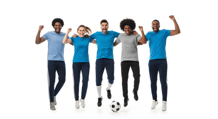 Fototapeta premium A group of diverse friends jumping and celebrating with a soccer ball