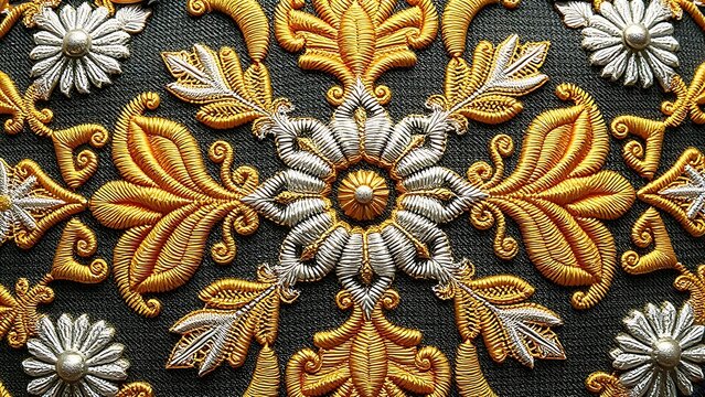Intricate floral and geometric embroidery on charro jacket, gold and silver thread detail.