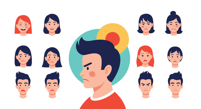 Portrait of a man showing various facial expressions and skin conditions in small icons to represent different human emotions and health.