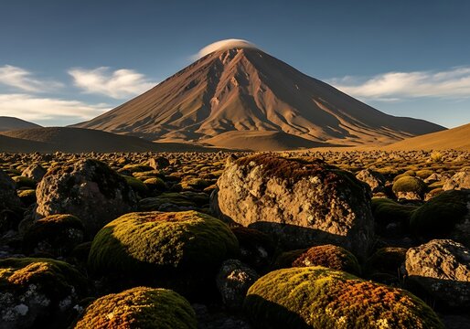 Dramatic Landscape - Parinacota Volcano and Moss-Covered Rocks in Lauca National Park.