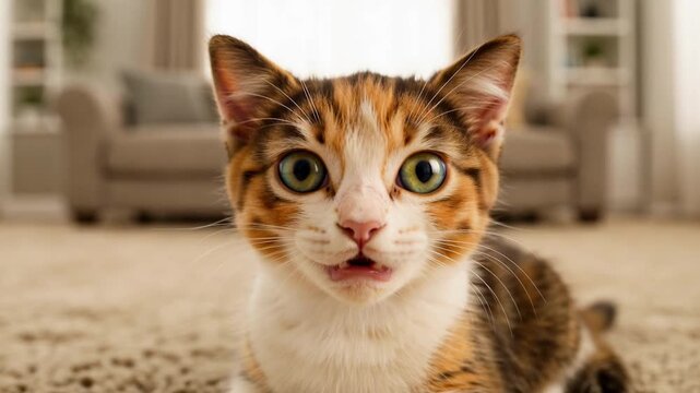 A surprised calico cat with wide eyes looking forward on a carpeted floor