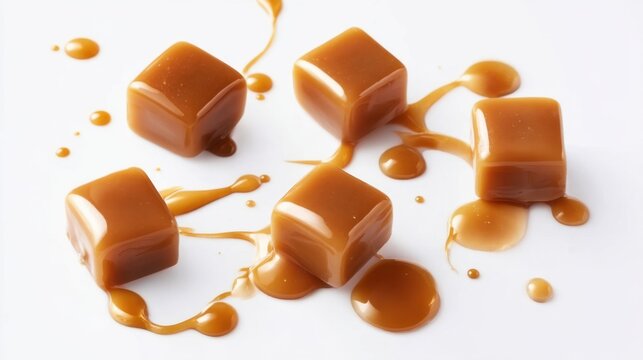High Key Studio Showcase of Caramel Cubes with Smooth Texture and Melting Drizzle on White Background for Culinary and Food Photography