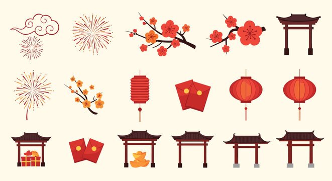 Comprehensive set of traditional Chinese New Year elements including red lanterns, festive firecrackers, cherry blossoms, and temple gates.