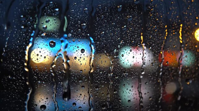 Rain Drops on Window Glass with City Bokeh Lights at Night