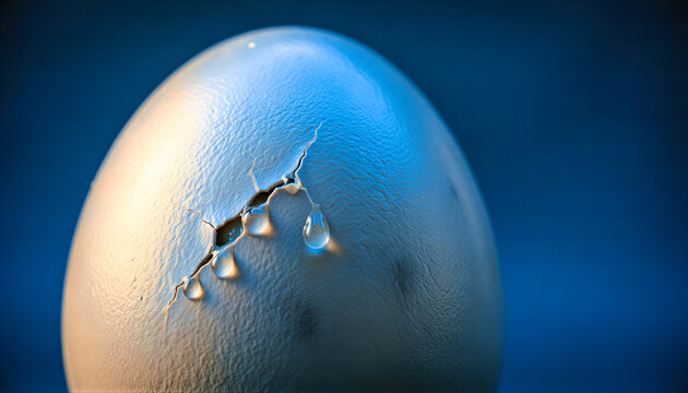 Macro close-up of a cracked pearly alien egg with water droplets. Textured organic shell illuminated by warm and blue light. Science fiction extraterrestrial hatching concept