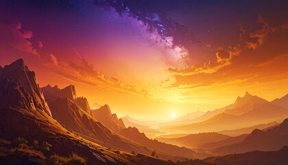 Vibrant sunset unfolds over majestic mountain range with celestial display in the sky