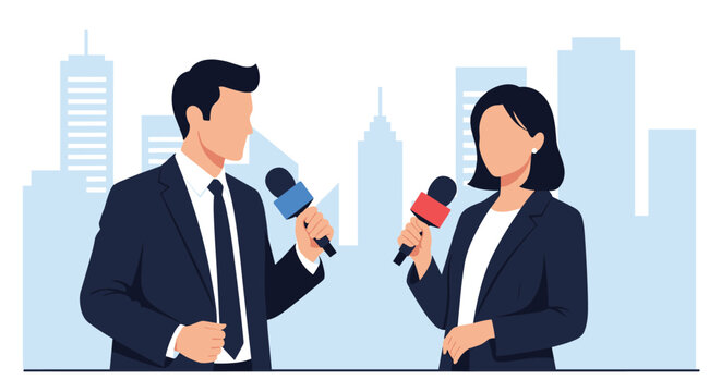 Male and female news reporters holding microphones and standing in front of a stylized blue city skyline ready to broadcast a news report.