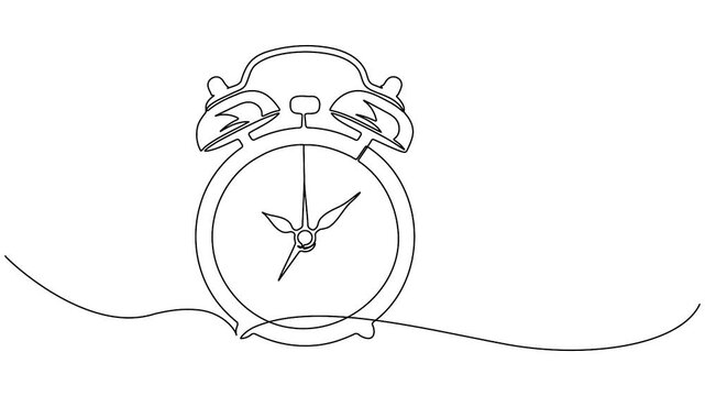 Continuous line drawing vintage alarm clock self drawing single line concept black outline motion on white background 4K animation