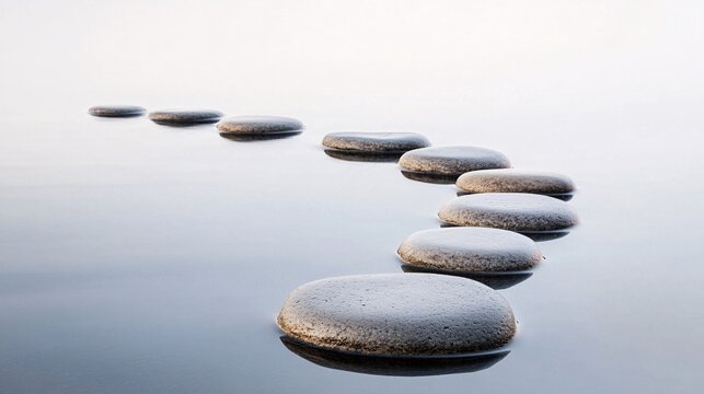 Smooth gray stones arranged in a winding path across calm reflective water surface creating a serene and balanced stepping stone journey towards