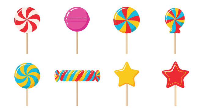 Collection of assorted colorful lollipops in various shapes like stars and circles with stripes and swirls on a white background.
