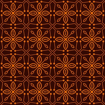 Seamless ethnic batik pattern in orange and dark brown. Modern geometric floral ornament with dots and lines for traditional textile, cultural event, and elegant background