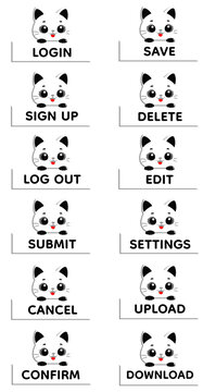 Cute White Cat Holding Black and White Glossy 3D App UI Button Set with Login Sign Up Log Out Submit Cancel Confirm Save Delete Edit Settings Upload Download Text, Kawaii Cartoon Style 