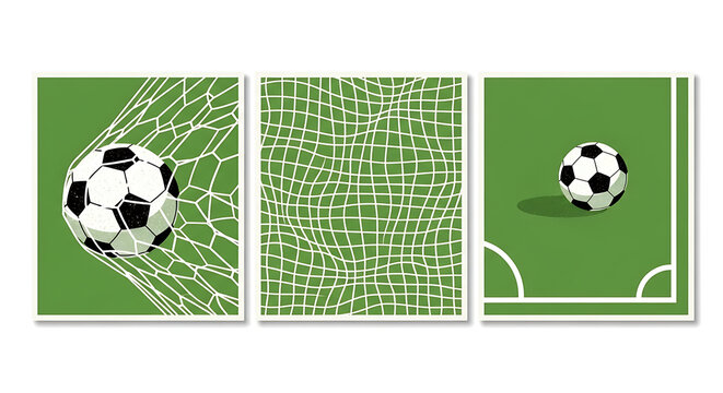 Triptych set of soccer illustrations featuring a ball hitting the net, a detailed soccer goal net pattern, and a close-up of a ball on a green field, professional sports graphic design elements