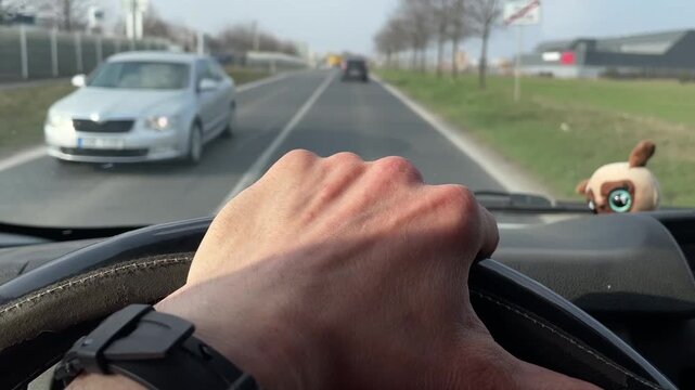 Pov rural road with hand steering, plush toy on dash, twolane countryside with trees and fields, daylight and clear sky, steady speed and relaxed cruise, occasional overtaking