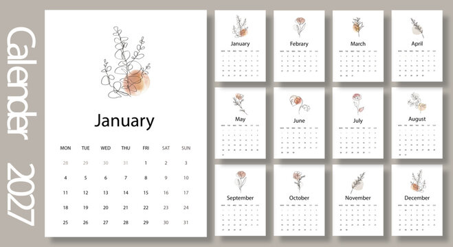 2027 monthly calendar template, minimal design with botanical layout