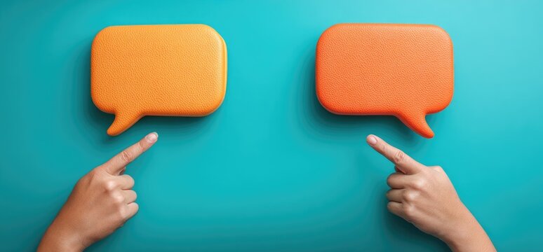 Two hands pointing at two empty orange speech bubbles on a teal background.