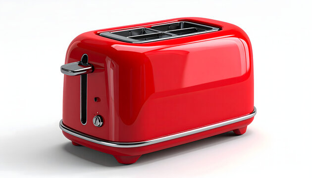 A retro-style glossy red toaster with two slots isolated on a white background. High-quality 3D rendering for kitchen appliances, breakfast, lifestyle, and interior decoration concepts.