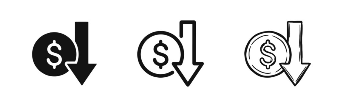 Economic Downturn and Price Drop Icon Set - Dollar Coin with Down Arrow Illustrations