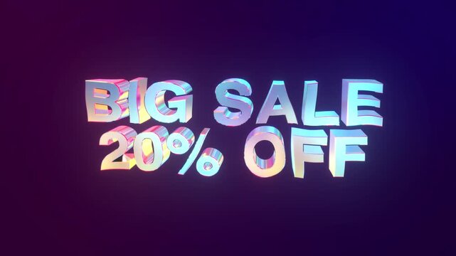 Big sale 20 percent off 3D colorful text animation discount promotion for shopping and marketing 4K