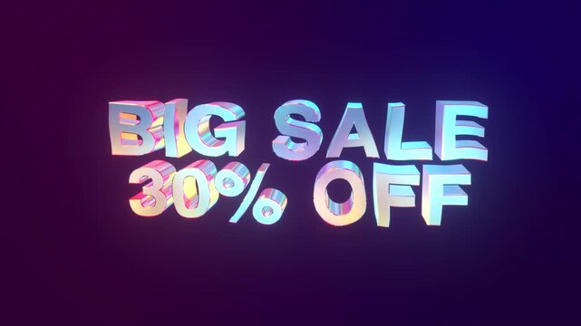 Big sale 30 percent off 3D colorful text animation discount promotion for shopping and marketing 4K