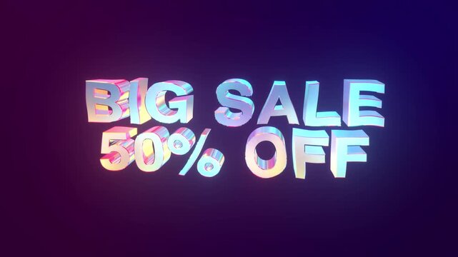 Big sale 50 percent off 3D colorful text animation discount promotion for shopping and marketing 4K