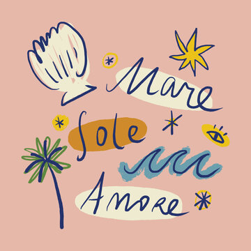 Trendy hand-lettered phrase Sole Mare Amore Italian for Sun Sea Love in boho retro sunset style. Aesthetic typography composition inspired by summer vibes, beach lifestyle and warm sun energy. Elegant