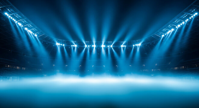 Dramatic blue light beams emitting from stadium floodlights into the misty air of an empty sports arena