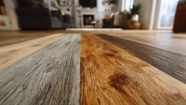 Close-up of a rustic wood plank floor with varied colors and textures.