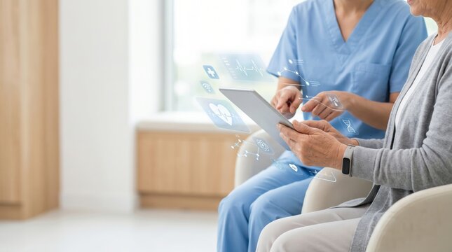 Elderly woman using tablet with digital health data holograms senior citizen healthcare monitoring device modern medicine technology interface telemedicine consultation concept