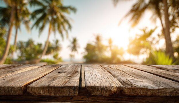 Rustic Wooden Table with Tropical Palm Trees and Golden Sunset.