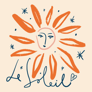 Elegant hand-drawn lettering Le Soleil The Sun in modern calligraphy style. Decorative typography with artistic strokes, perfect for posters, greeting cards, branding, packaging, apparel design, and