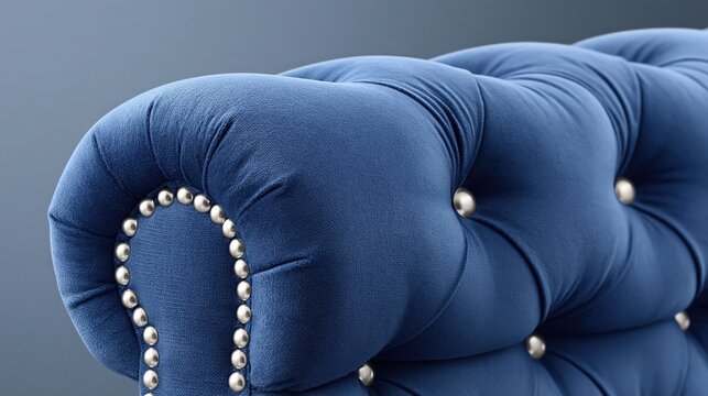 Blue tufted sofa armrest showing metal stud trim detail
