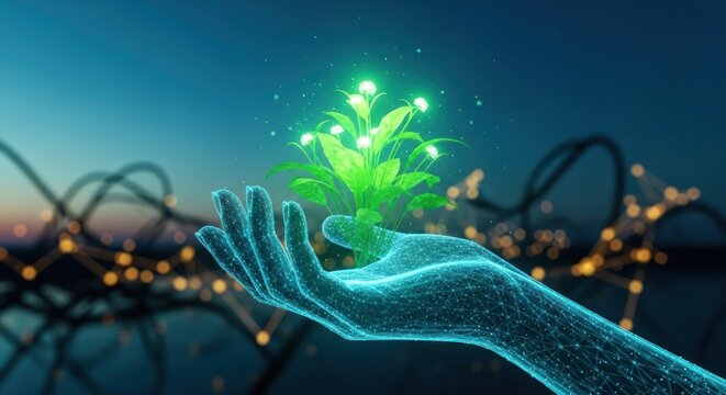 Digital Hand Holding Glowing Plant Futuristic Nature and Technology Concept.