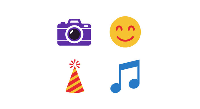 Colorful icons of camera smiley music.