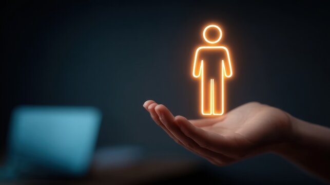 Hand Holding Glowing Human Figure in a Dark Environment with a Laptop in the Background, Symbolizing Technology and Innovation in Modern Life
