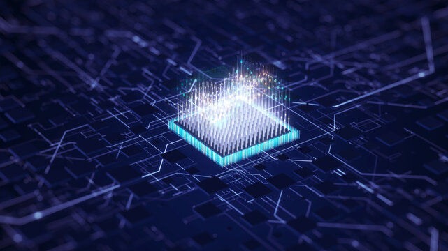 Artificial intelligence concept featuring a neural processor chip generating data signals, representing AI computing, machine learning, and high performance processing for big data, cloud systems, and