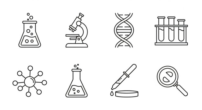 Collection of Science and Laboratory Icons Line Art.