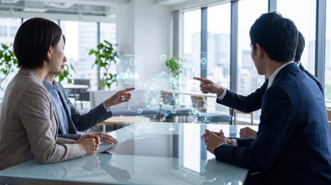 Business executives discussing data analytics in modern office meeting analyzing holographic charts and graphs on glass table corporate strategy teamwork