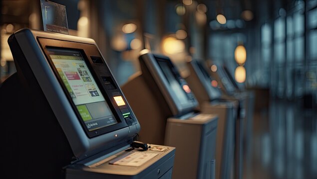 Row of Self-Service Kiosks in a Modern Retail Environment.