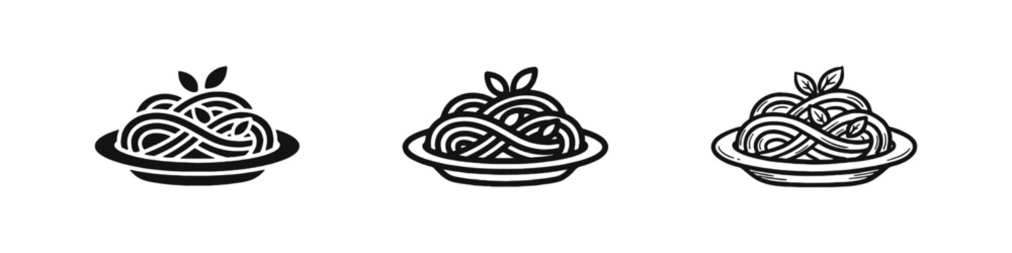 Spaghetti pasta icons set. Italian noodle plate with basil leaves for restaurant menu and cooking.