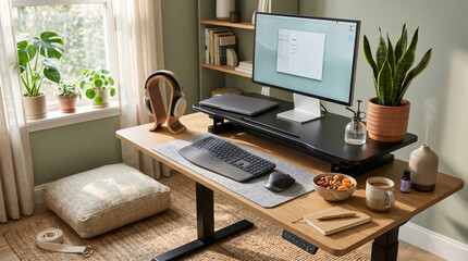 Fototapeta premium Holistic Workspace Setup with Standing Desk Meditation Cushion and Wellness Essentials in Soft Morning Light
