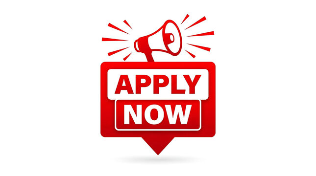 A bright red megaphone icon featuring the bold text apply now for urgent recruitment marketing campaigns