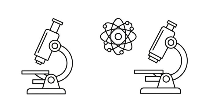 Two microscopes and atomic symbol illustration.