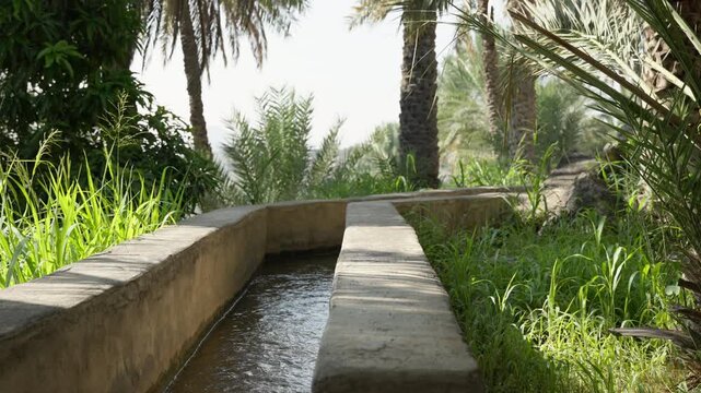 Static Shot of Falaj Irrigation Canals at Misfat al Abriyeen, Cinematic Omani Water System and Mountain Oasis