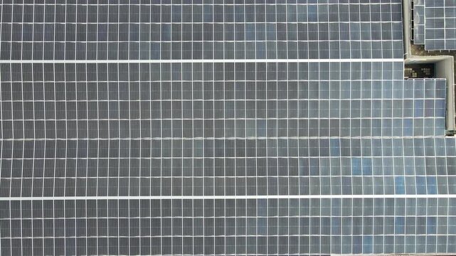 Aerial view of a large array of solar panels arranged in a grid pattern on an industrial rooftop in Dongguan, Guangdong Province, China.