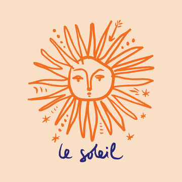 Elegant hand-drawn lettering Le Soleil The Sun in modern calligraphy style. Decorative typography with artistic strokes, perfect for posters, greeting cards, branding, packaging, apparel design, and