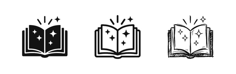 Naklejka premium Open Magic Book with Sparkles Icon Set for Fantasy Storytelling and Education