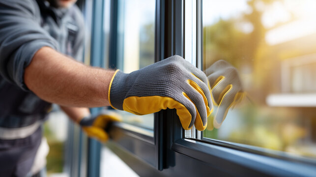 Faceless hands in professional work gloves carefully positioning a large triple-pane energy-efficient window into a frame, representing high-end residential installation, close-up